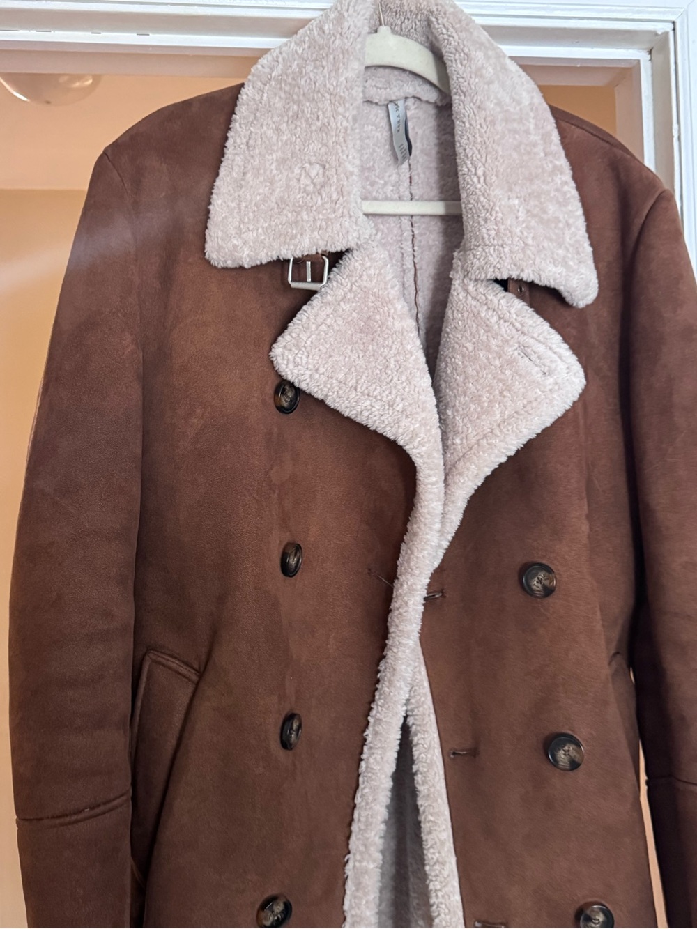 Zara Brown Shearling-Trim Trench Coat